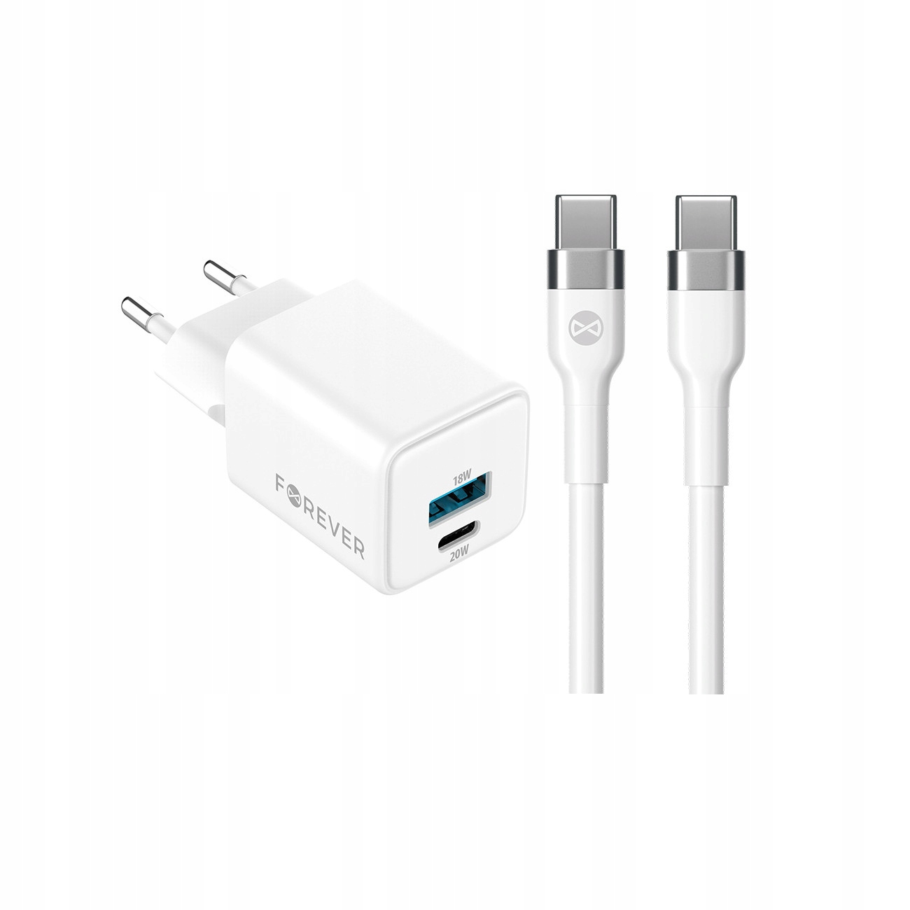 Szybka �adowarka GaN 20W PD QC Forever kostka z kablem 1m USB-C do telefonu 2 wej�cia bia�a Oppo Reno 13FS 5G