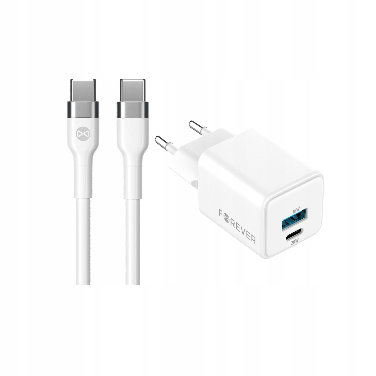 Szybka �adowarka GaN 20W PD QC Forever kostka z kablem 1m USB-C do telefonu 2 wej�cia bia�a Oppo Reno 13FS 5G / 2