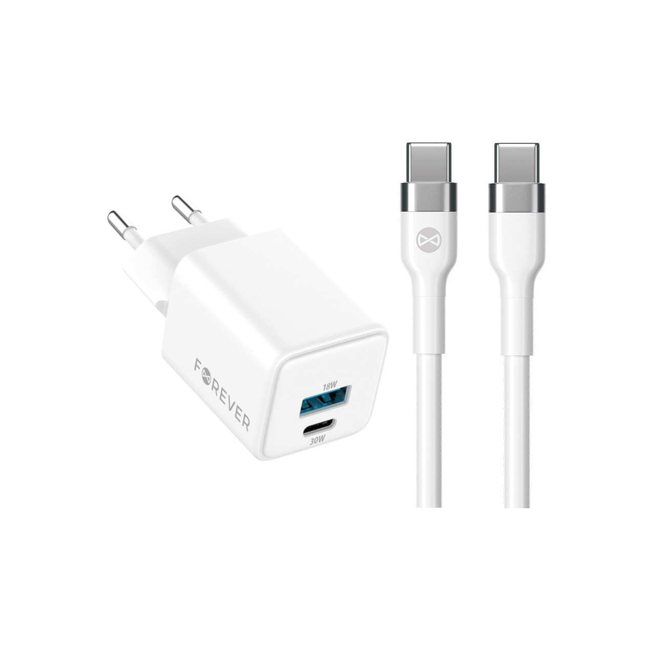 Szybka �adowarka GaN 30W PD QC Forever kostka z kablem 1m USB-C do telefonu 2 wej�cia bia�a Oppo Reno 13FS 5G