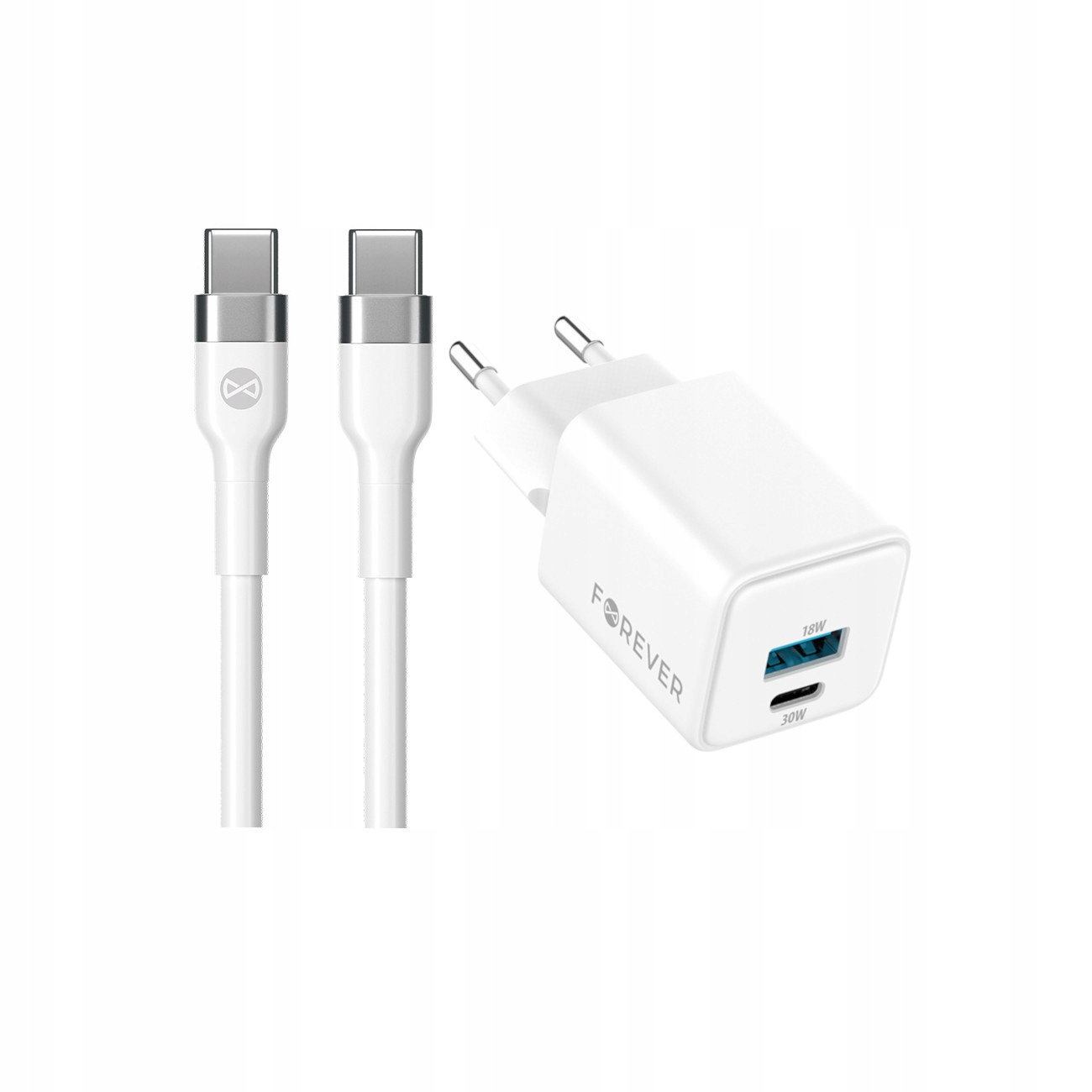 Szybka �adowarka GaN 30W PD QC Forever kostka z kablem 1m USB-C do telefonu 2 wej�cia bia�a Oppo Reno 13FS 5G / 2