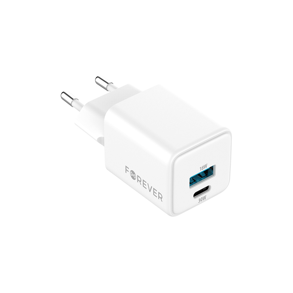 Szybka �adowarka GaN 30W PD QC Forever kostka z kablem 1m USB-C do telefonu 2 wej�cia bia�a Oppo Reno 13FS 5G / 3
