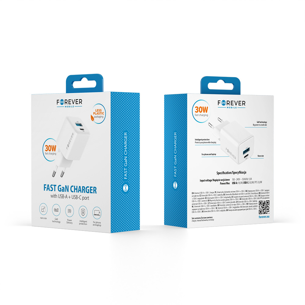 Szybka �adowarka GaN 30W PD QC Forever kostka z kablem 1m USB-C do telefonu 2 wej�cia bia�a Oppo Reno 13FS 5G / 7