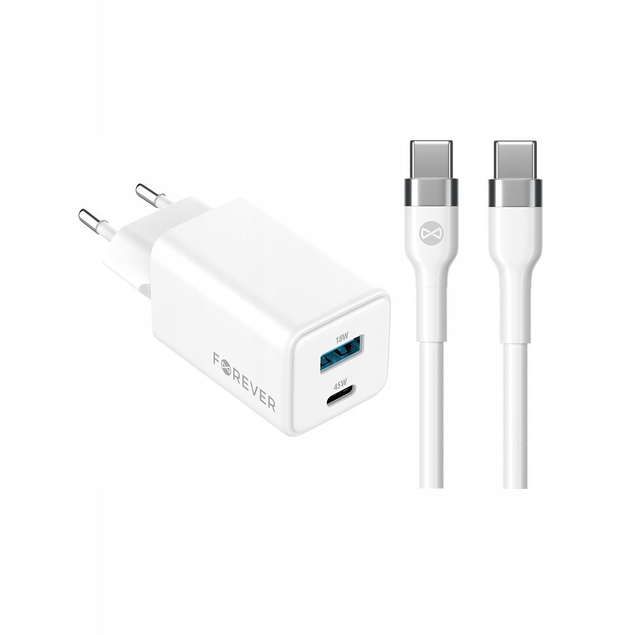 Szybka �adowarka GaN 45W PD QC Forever kostka z kablem 1m USB-C do telefonu 2 wej�cia bia�a Oppo Reno 13FS 5G