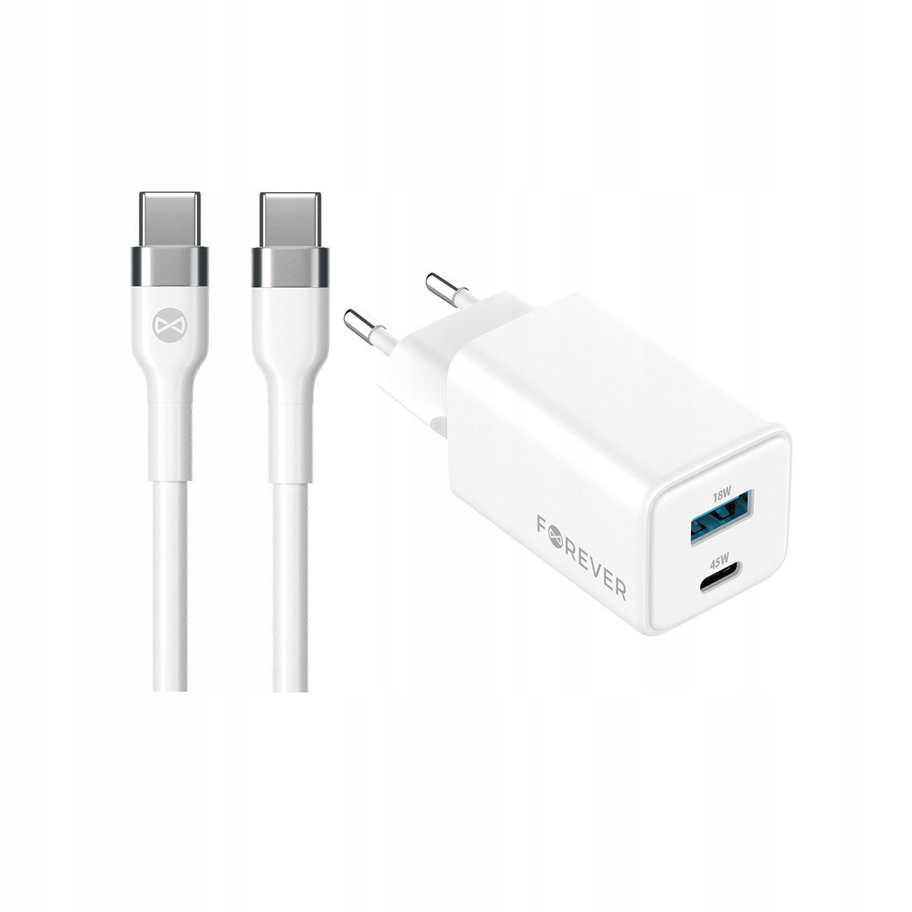 Szybka �adowarka GaN 45W PD QC Forever kostka z kablem 1m USB-C do telefonu 2 wej�cia bia�a Oppo Reno 13FS 5G / 2