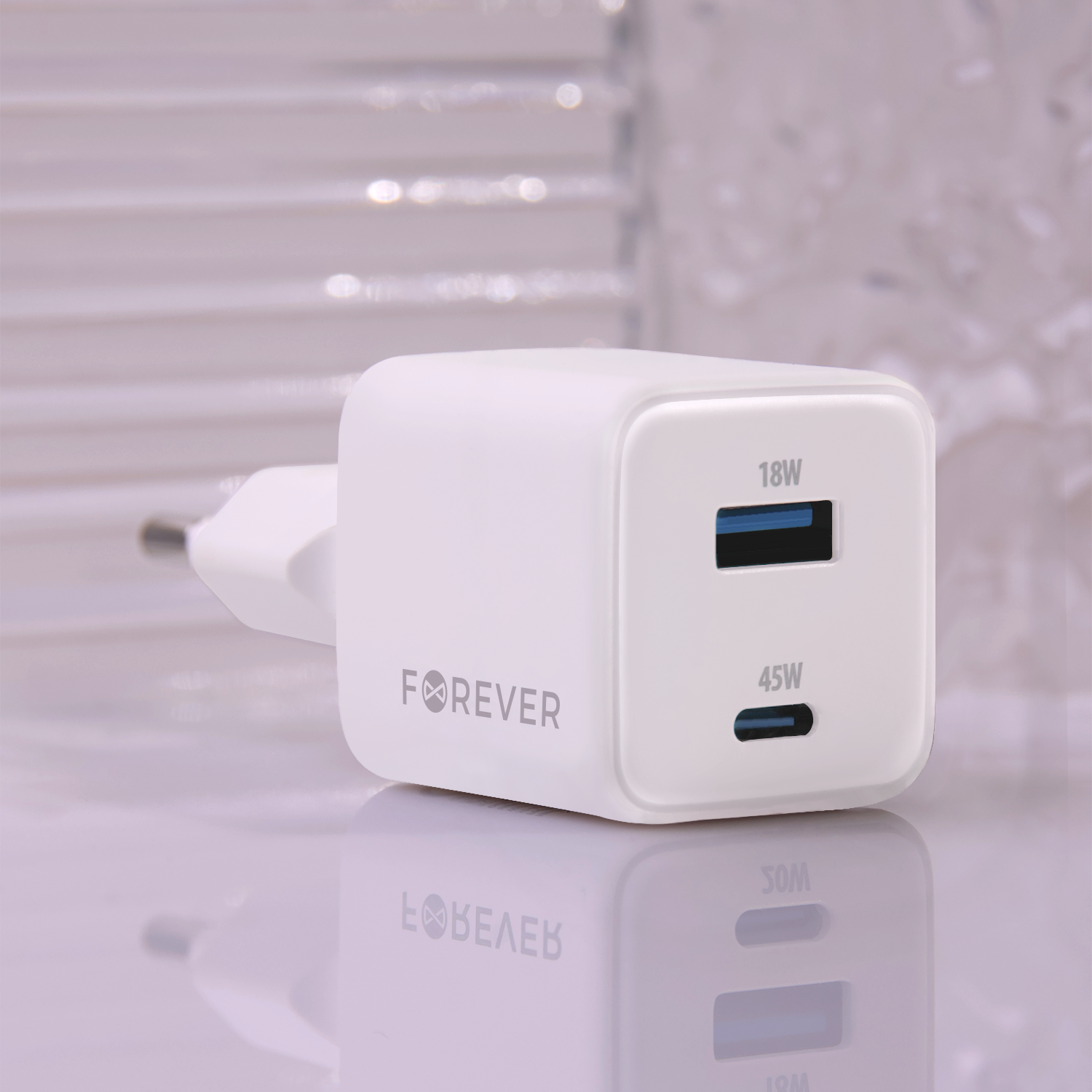 Szybka �adowarka GaN 45W PD QC Forever kostka z kablem 1m USB-C do telefonu 2 wej�cia bia�a Oppo Reno 13FS 5G / 5