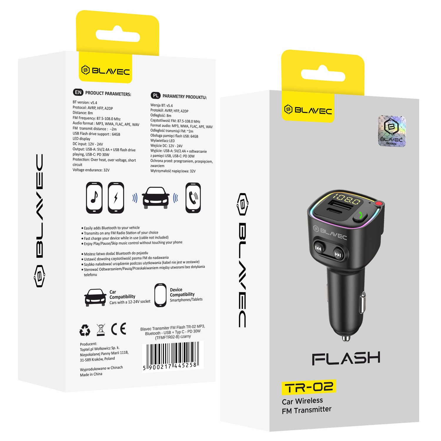 Transmiter FM Blavec TR-02 Bluetooth 5.4 PD 30W USB-C/USB-A czarny Realme Narzo 20a / 6