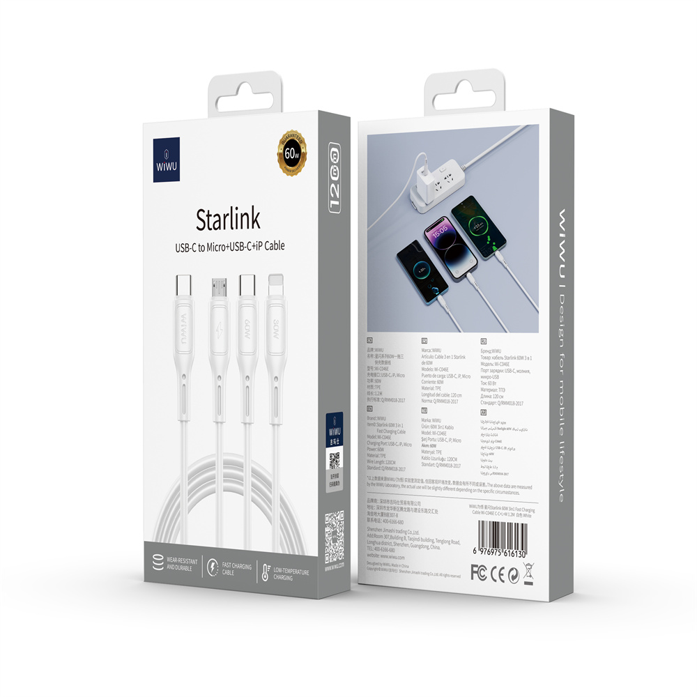 WIWU kabel Starlink Series 60W 3in1 Fast Charging cable Wi-C046E C-C+L+M bia�y / 2