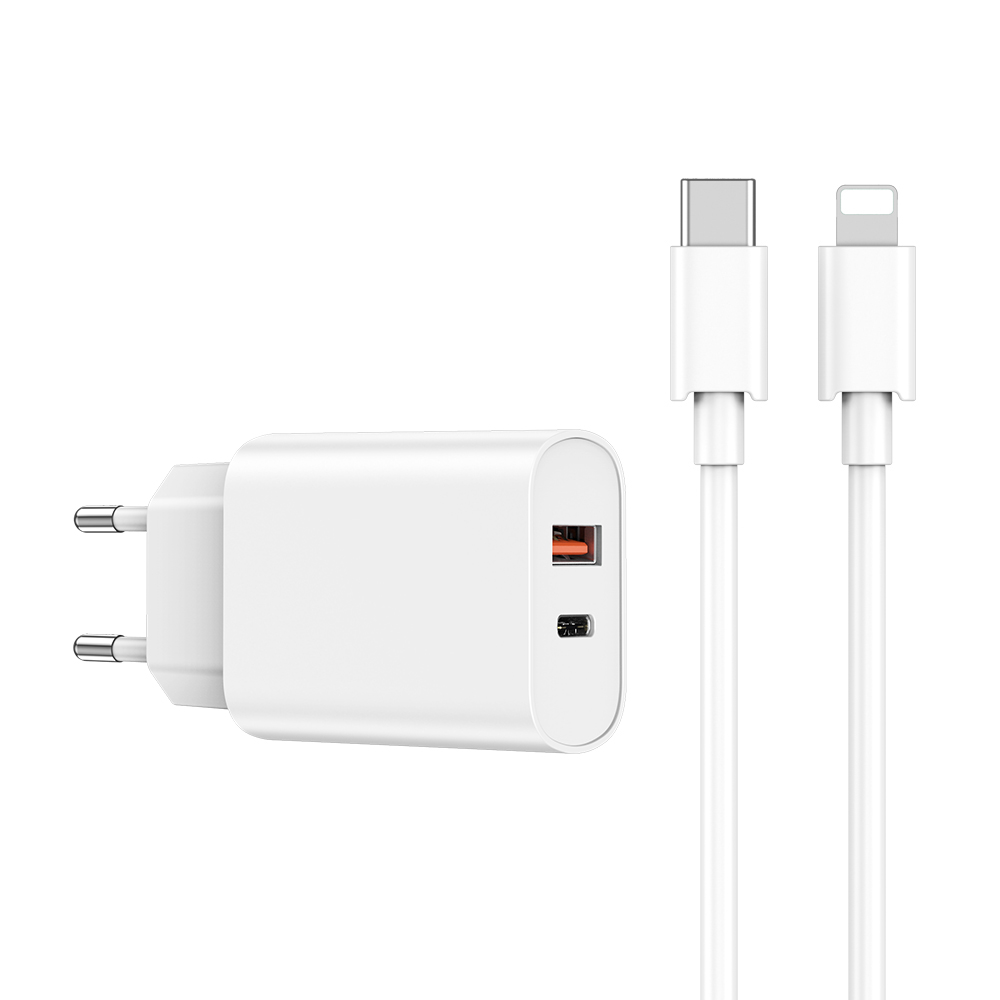 WIWU �adowarka sieciowa Wi-U002 PD + QC 20W 1x USB 1x USB-C bia�a + kabel USB-C - Lightning