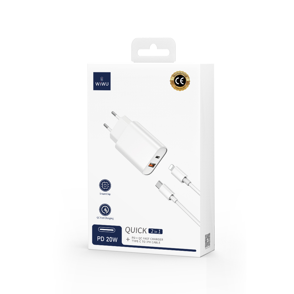 WIWU �adowarka sieciowa Wi-U002 PD + QC 20W 1x USB 1x USB-C bia�a + kabel USB-C - Lightning / 4