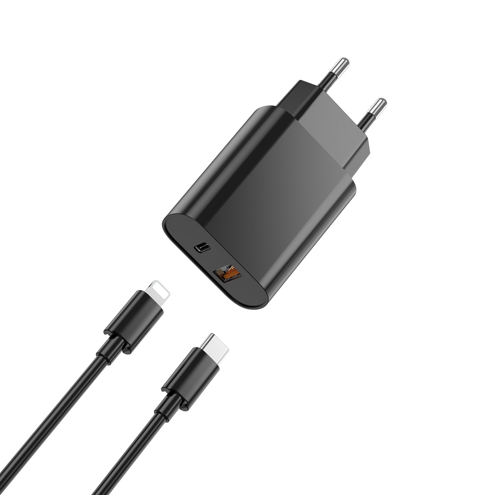 WIWU �adowarka sieciowa Wi-U002 PD + QC 20W 1x USB 1x USB-C czarna + kabel USB-C - Lightning / 2