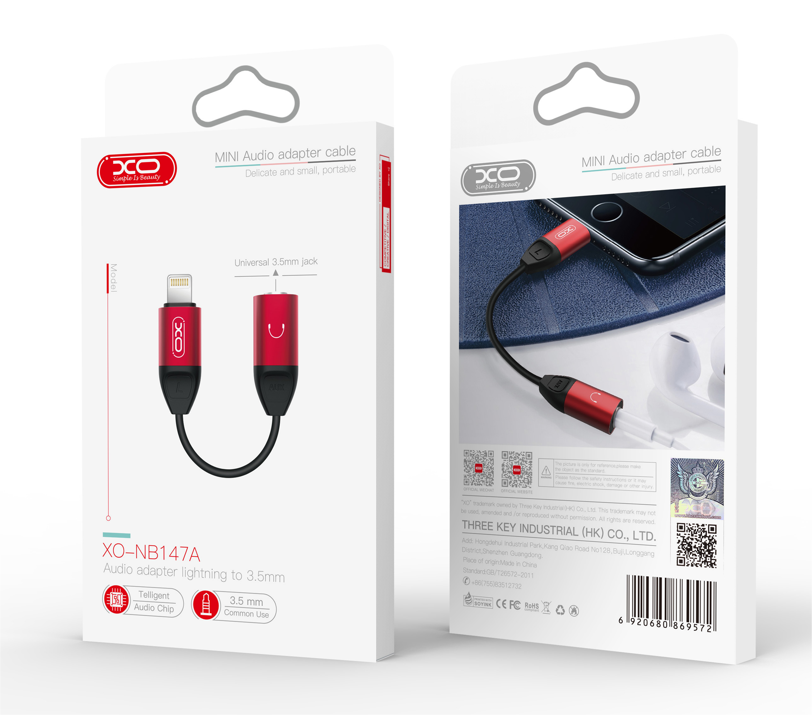 XO adapter audio NB147A Lightning do mini-jack (3,5mm) czerwono-czarny / 2