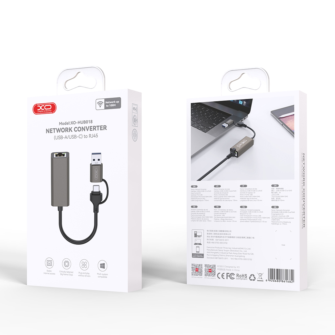 XO adapter HUB HUB018 2w1 USB-USB-C - RJ45 szary / 2