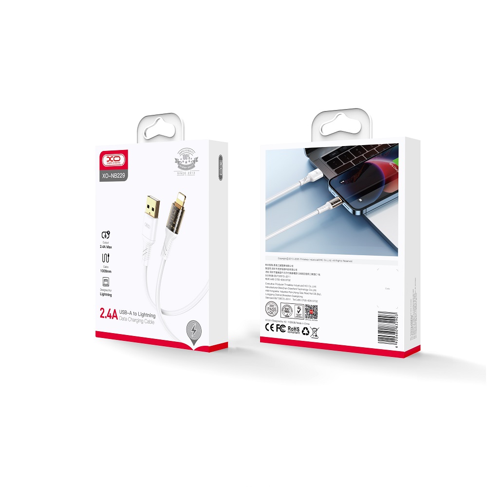 XO Clear kabel NB229 USB - Lightning 1,0 m 2,4A bia�y / 2