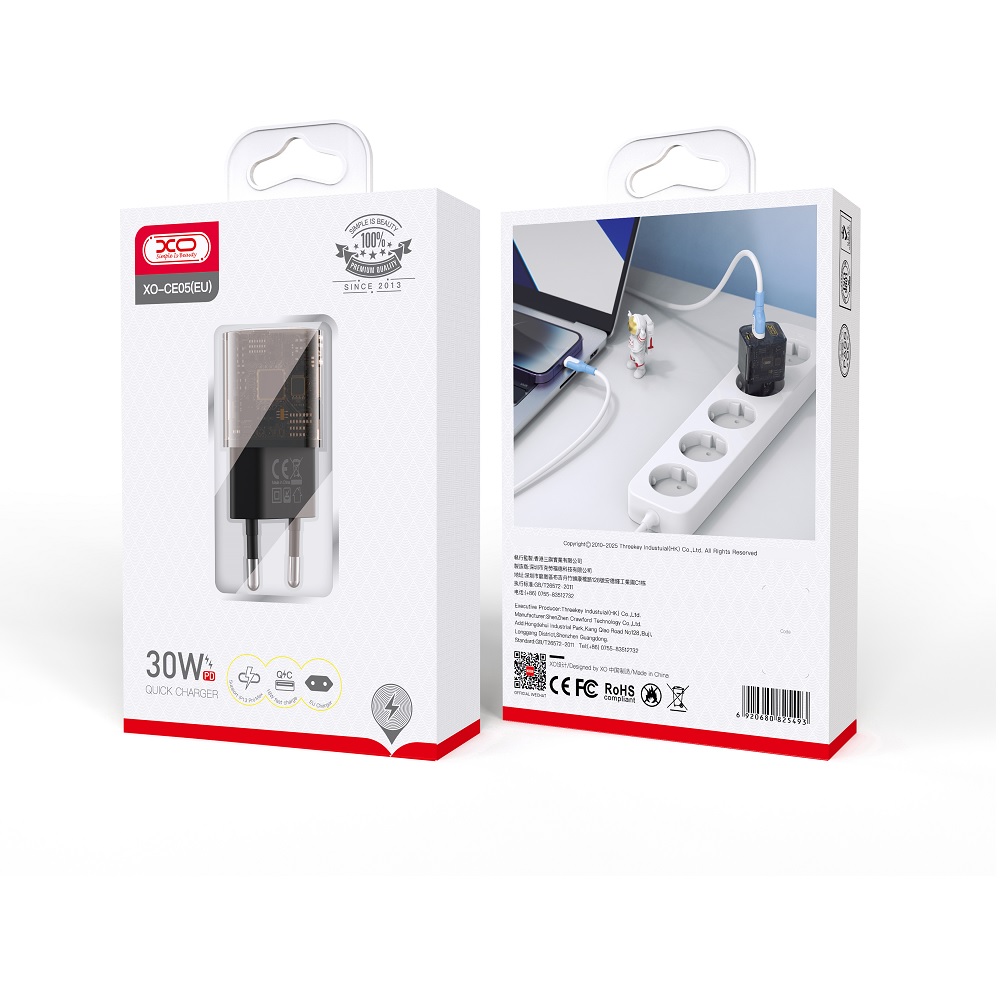 XO Clear �adowarka sieciowa CE05 PD 30W QC 3.0 18W 1x USB 1x USB-C dymiona / 2