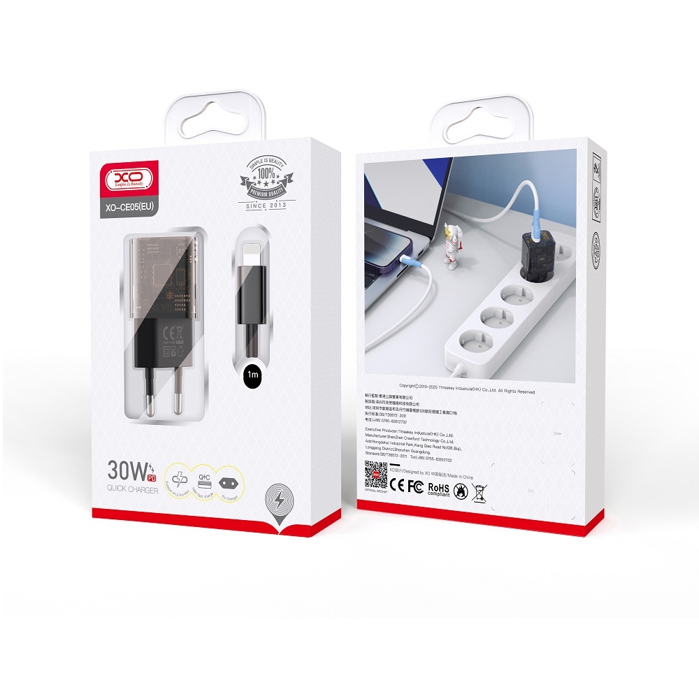 XO Clear �adowarka sieciowa CE05 PD 30W QC 3.0 18W 1x USB 1x USB-C dymiona + kabel USB-C -Lightning / 2