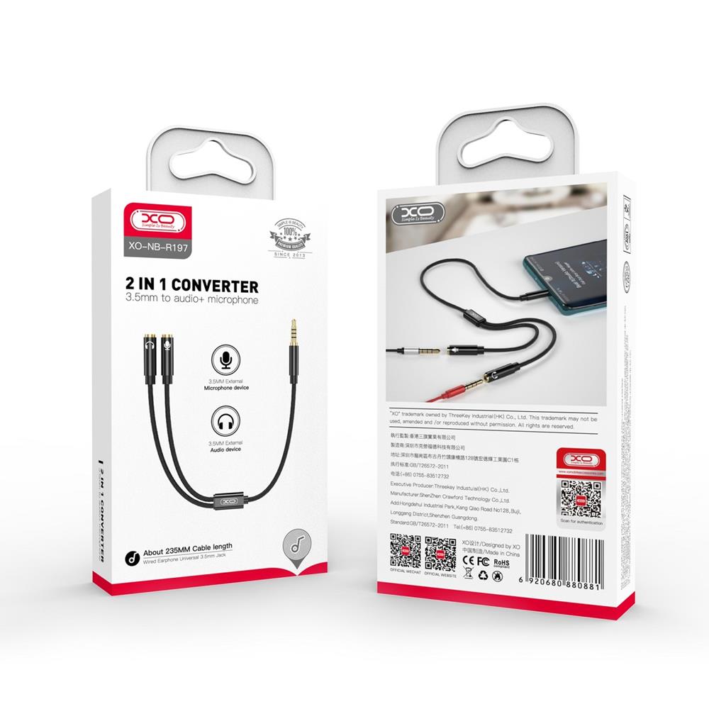 XO kabel audio 2w1 NB-R197 jack 3,5mm - z��cze jack 3,5mm / mikrofon 0,23 m czarny / 5