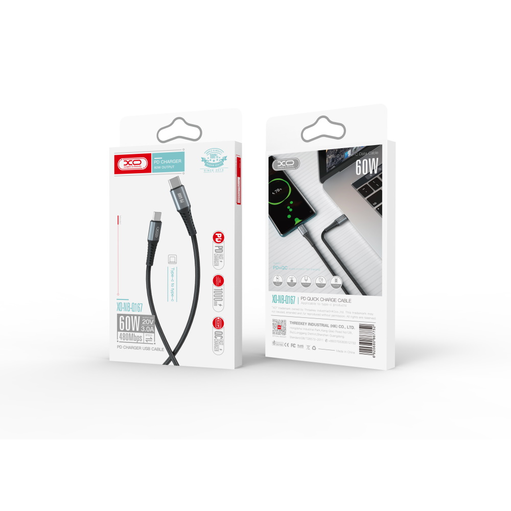 XO kabel NB-Q167 PD USB-C - USB-C 1,0 m 60W czarny / 3
