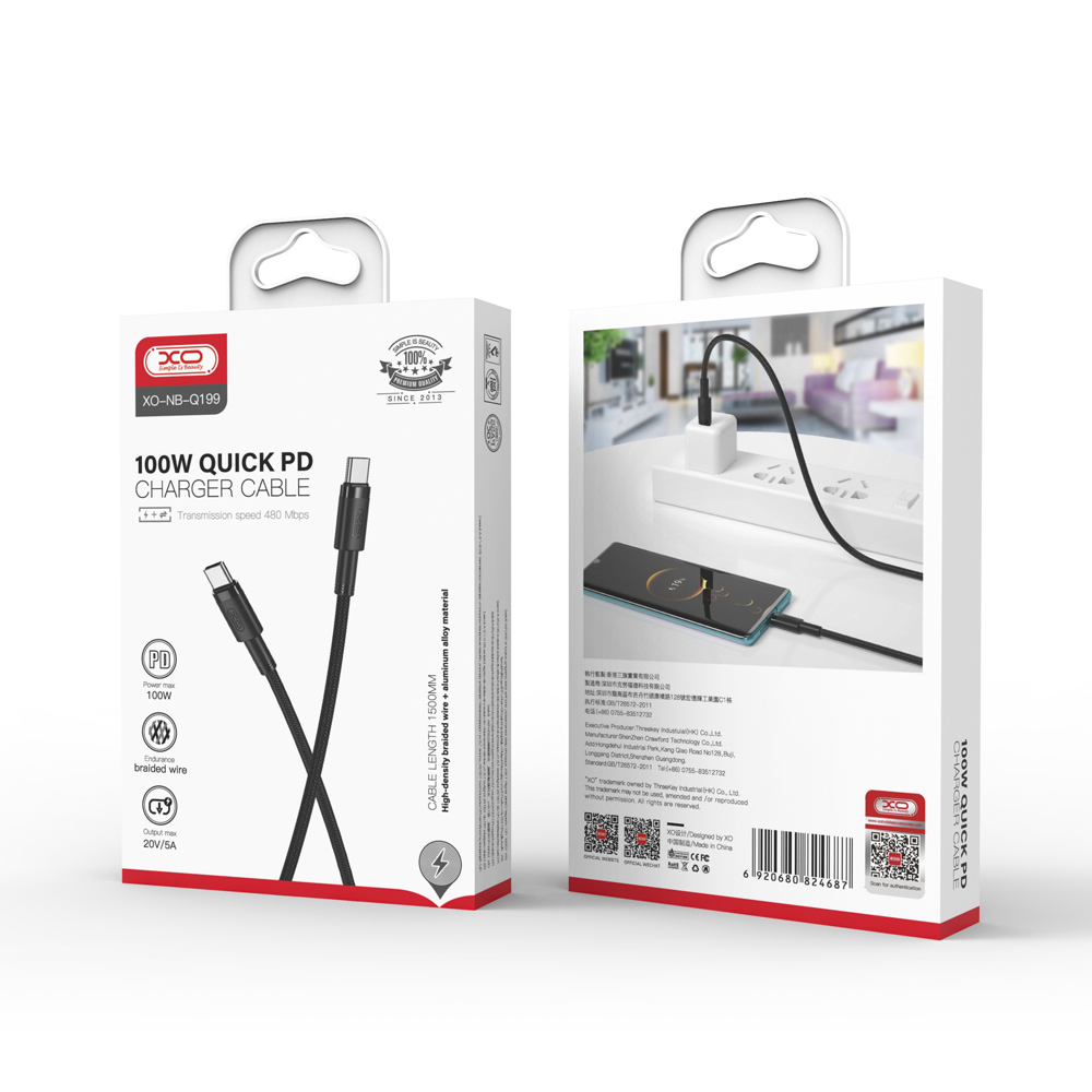 XO kabel NB-Q199 PD USB-C - USB-C 1,5m 100W czarny / 3