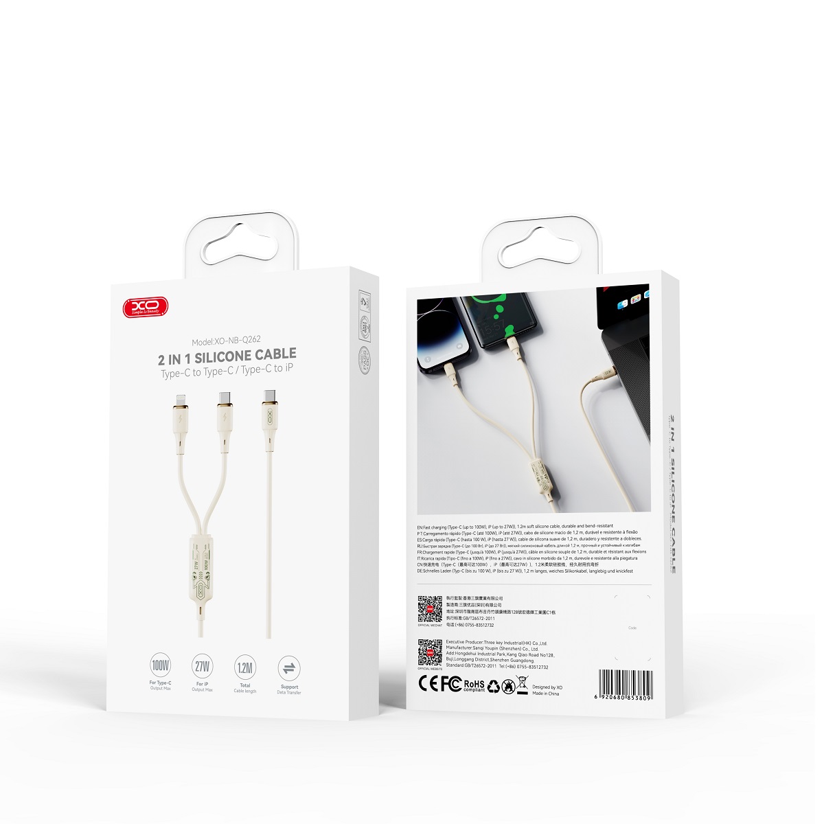 XO kabel NB-Q262 2w1 PD USB-C - Lightning + USB-C 1,2m be�owy 60W / 2