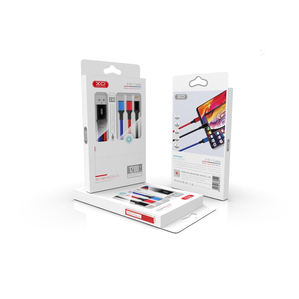 XO kabel NB143 3w1 USB - Lightning + USB-C + microUSB 1,2 m 2,4A wielokolorowy / 2