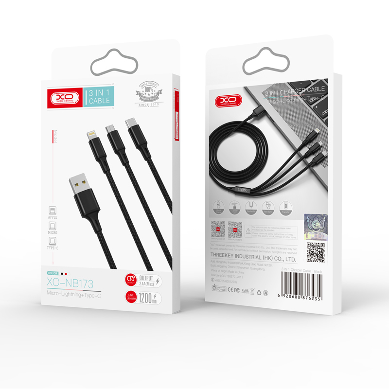 XO kabel NB173 3w1 USB - Lightning + USB-C + microUSB 1,2 m 2,4A czarny / 3