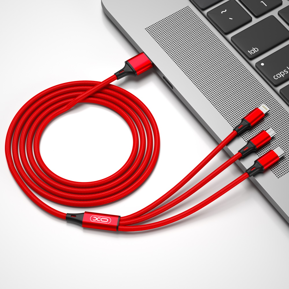 XO kabel NB173 3w1 USB - Lightning + USB-C + microUSB 1,2 m 2,4A czerwony / 3