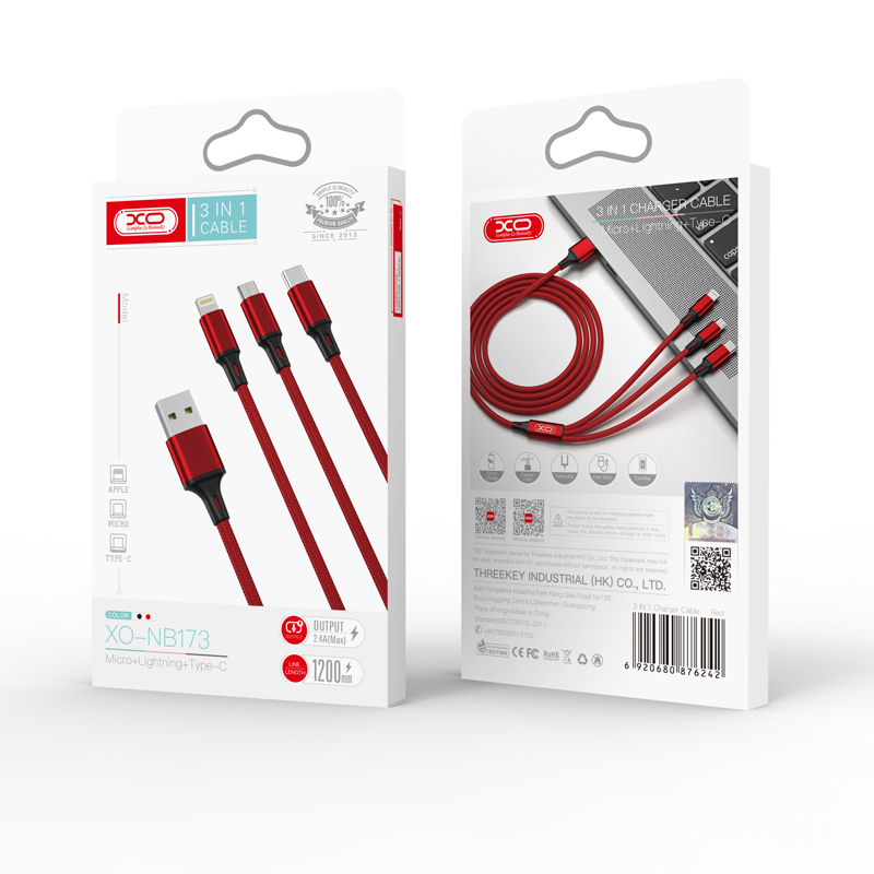 XO kabel NB173 3w1 USB - Lightning + USB-C + microUSB 1,2 m 2,4A czerwony / 4