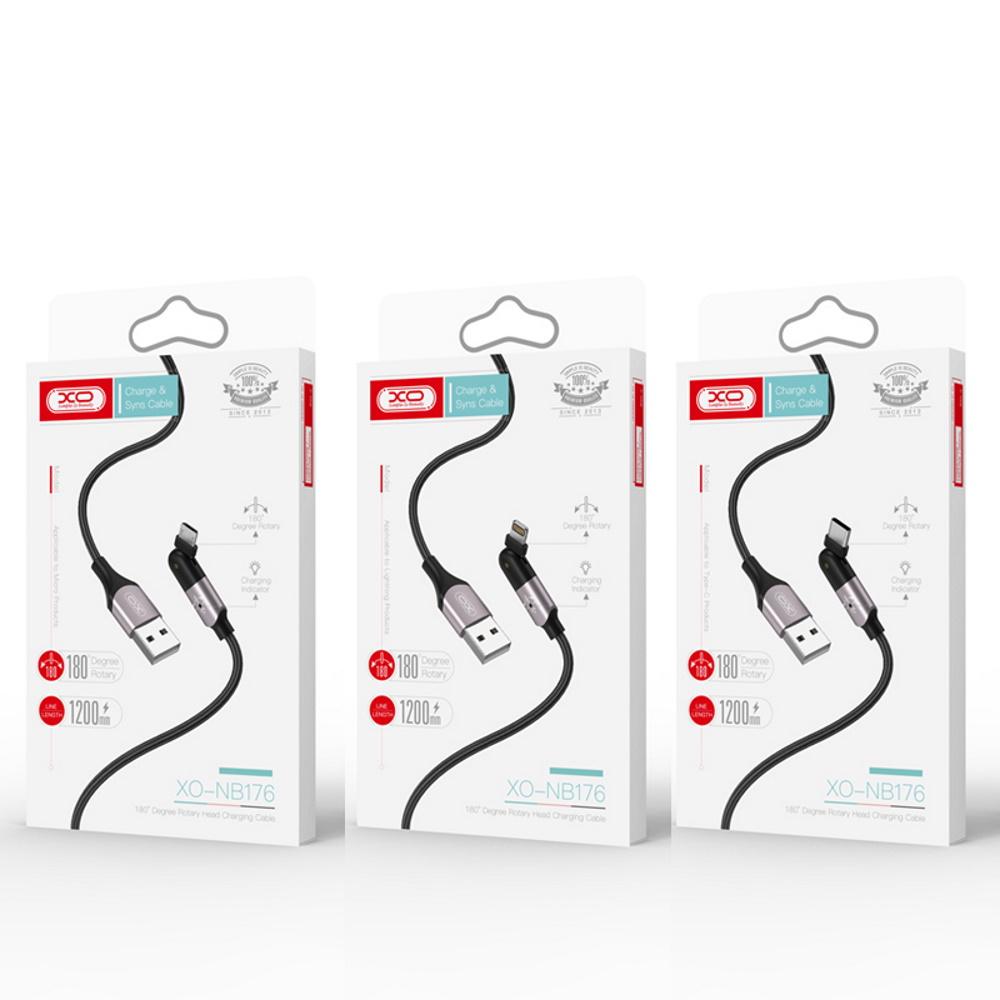 XO kabel NB176 USB - Lightning 2.4A 1,2m czarny ruchome z��cze / 3