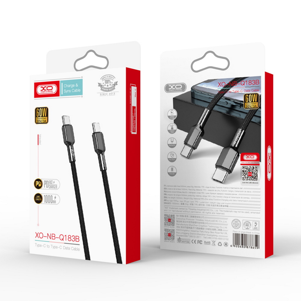 XO kabel NB183B USB-C - USB-C 1,0m 60W czarny / 2