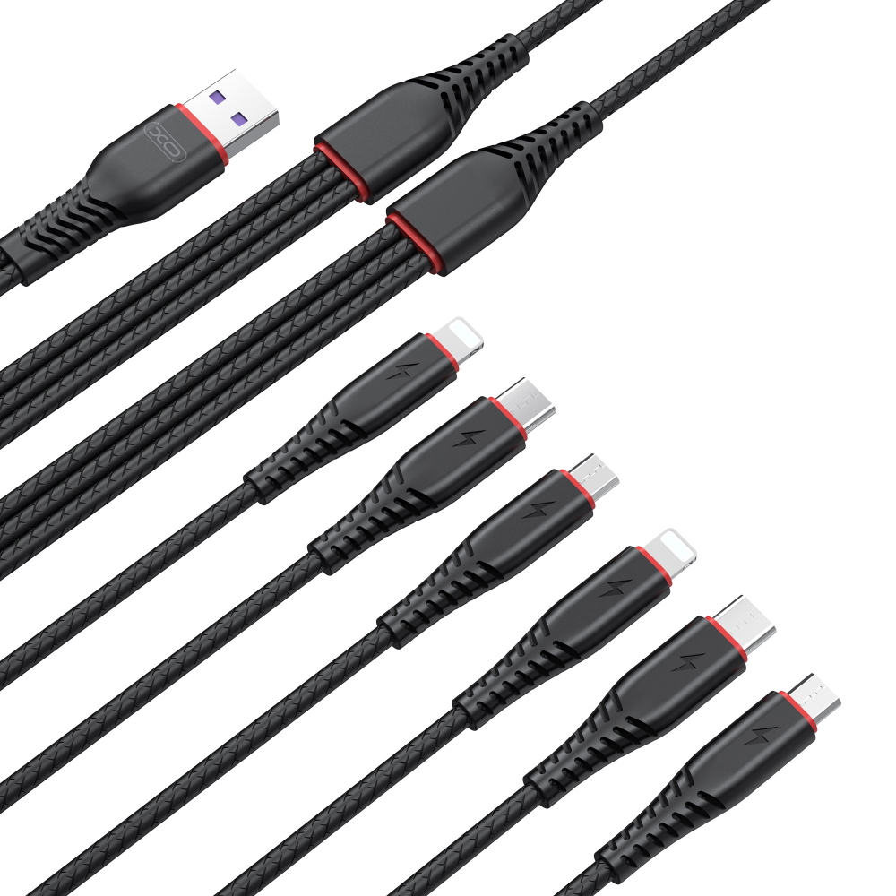 XO kabel NB196 6w1 USB - 2x Lightning + USB-C + microUSB 1,2m 3,5A / 2 m 2,5A czarny / 3