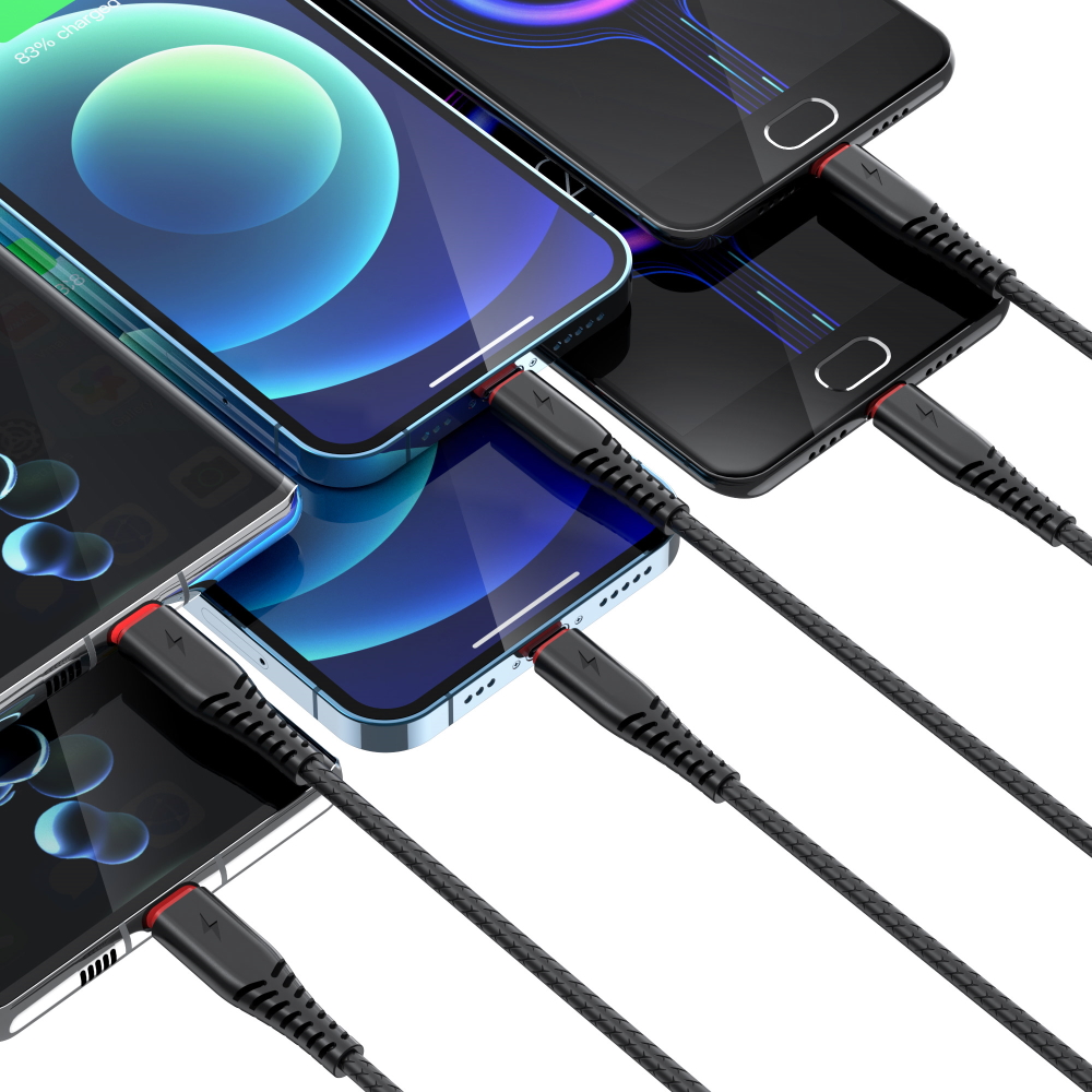 XO kabel NB196 6w1 USB - 2x Lightning + USB-C + microUSB 1,2m 3,5A / 2 m 2,5A czarny / 4