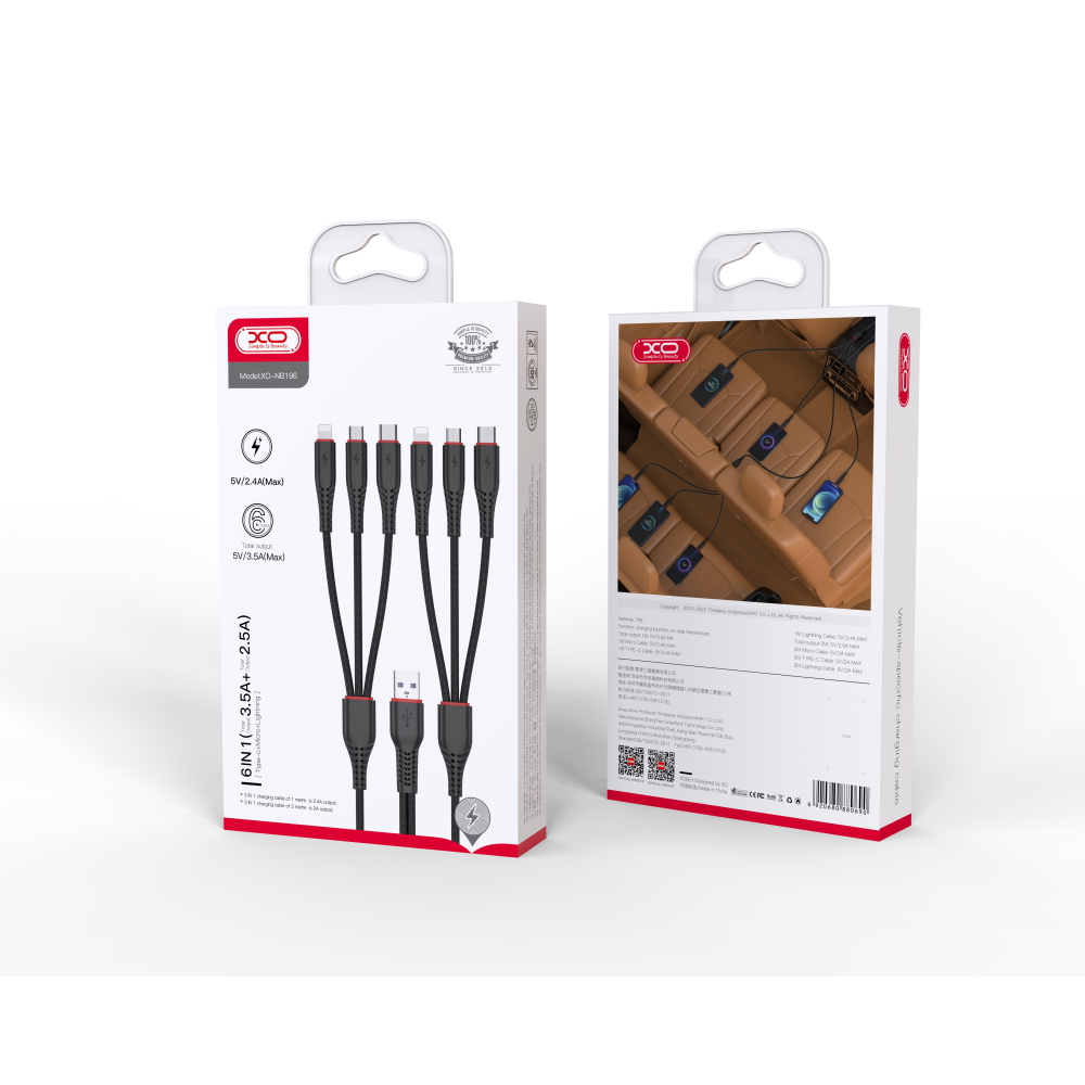 XO kabel NB196 6w1 USB - 2x Lightning + USB-C + microUSB 1,2m 3,5A / 2 m 2,5A czarny / 6