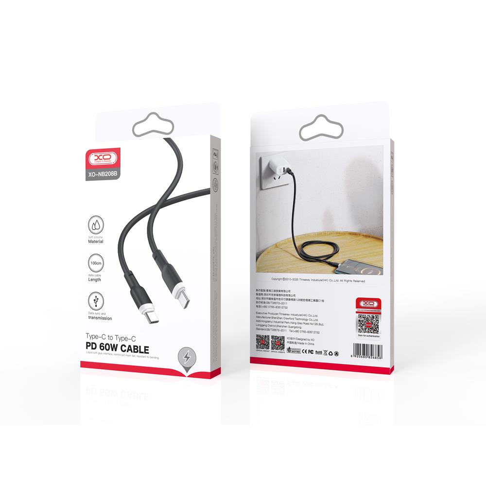 XO kabel NB208B PD USB-C - USB-C 1,0m 60W czarny / 2