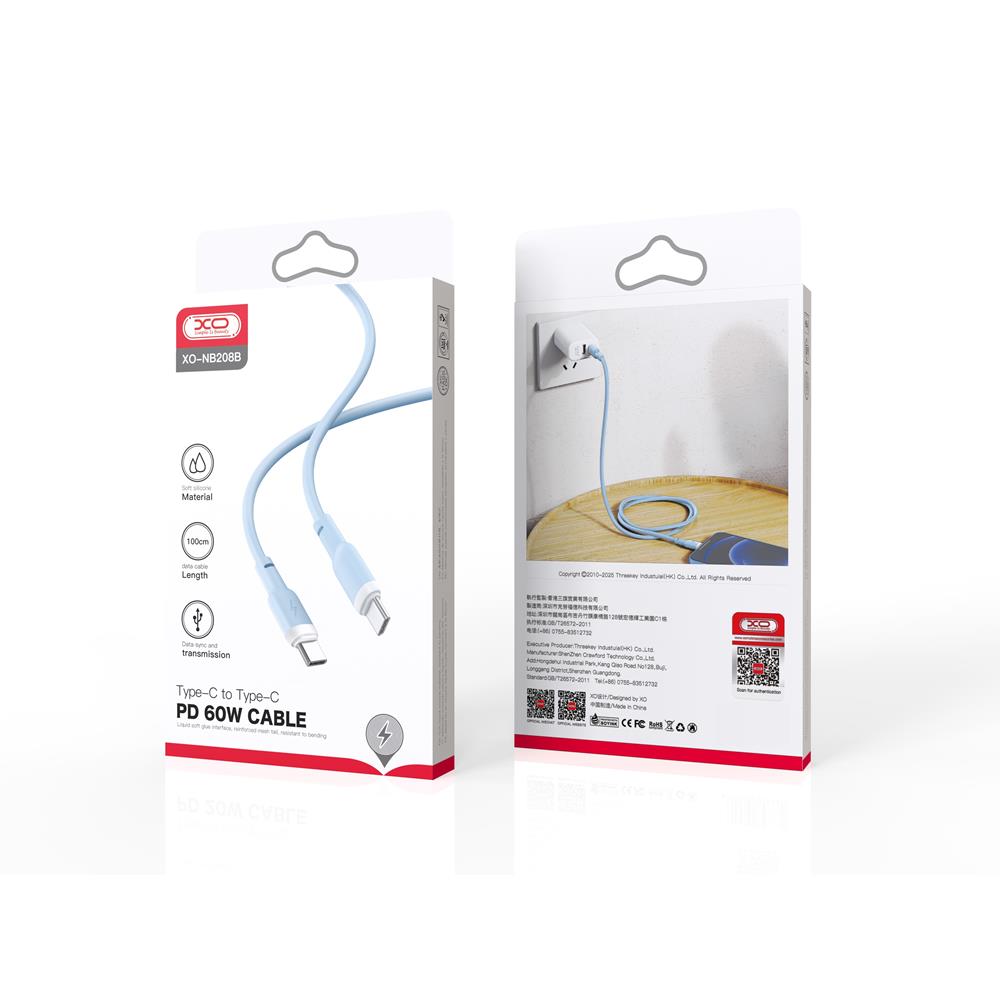 XO kabel NB208B PD USB-C - USB-C 1,0m 60W niebieski / 2