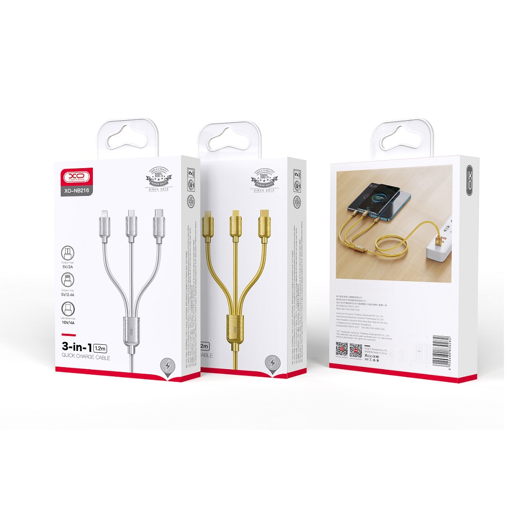 XO kabel NB216 3w1 USB - Lightning + USB-C + microUSB 1,2 m 3A z�oty / 2