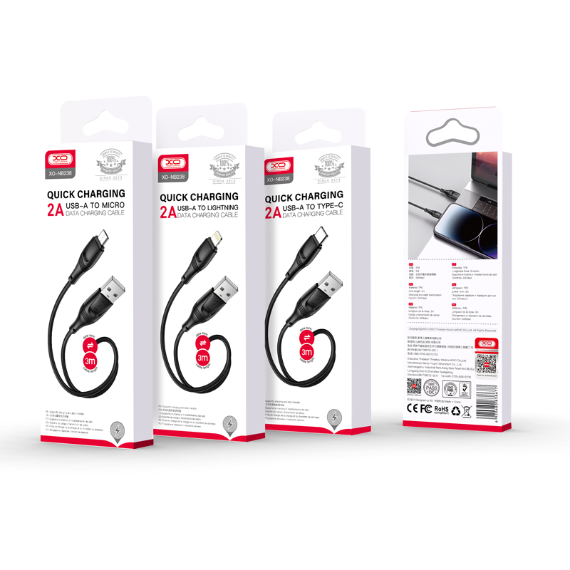 XO kabel NB238 USB - Lightning 3,0 m 2A czarny / 2