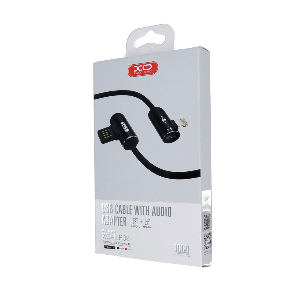 XO Kabel NB38 8-pin czarny z gniazdem audio 2,4A 1m / 2