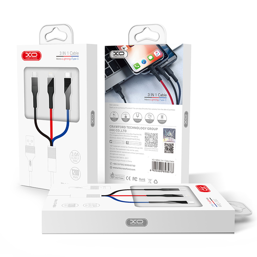 XO Kabel NB54 3w1 (8-pin/micro/typ-C) wielokolorowy 3A 1,2m / 4