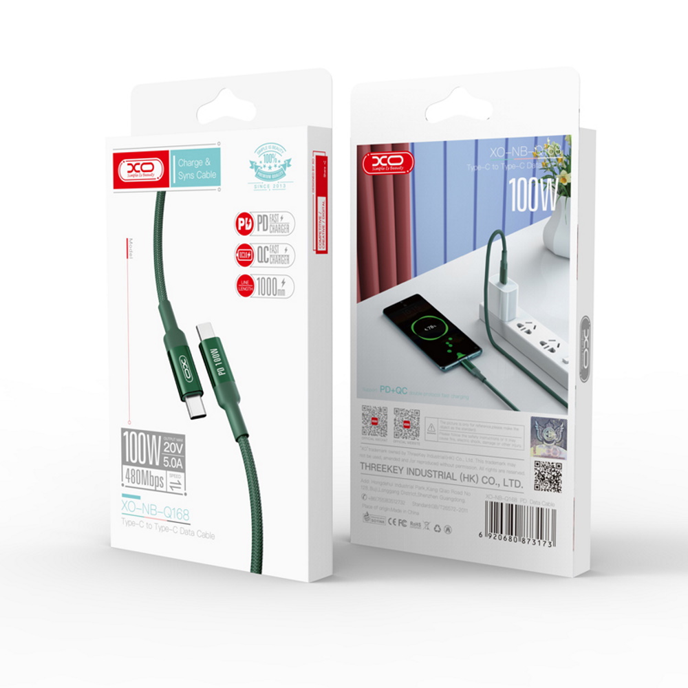 XO kabel PD NB-Q168 USB-C - USB-C 1,0 m 100W zielony / 2