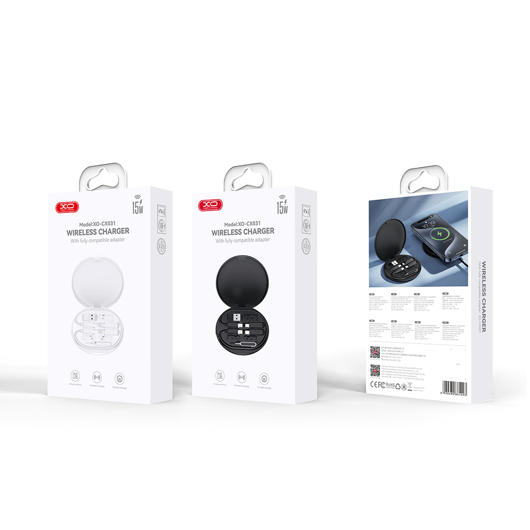 XO �adowarka bezprzewodowa indukcyjna CX031 czarna 15W z kablem USB-C - USB-C i zestawem adapter�w / 4