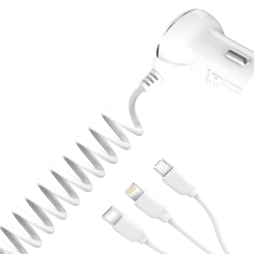 XO �adowarka samochodowa CC16 bia�a plus kabel 3w1 1,45m (8-pin/micro/typ-C) 3,1A / 2