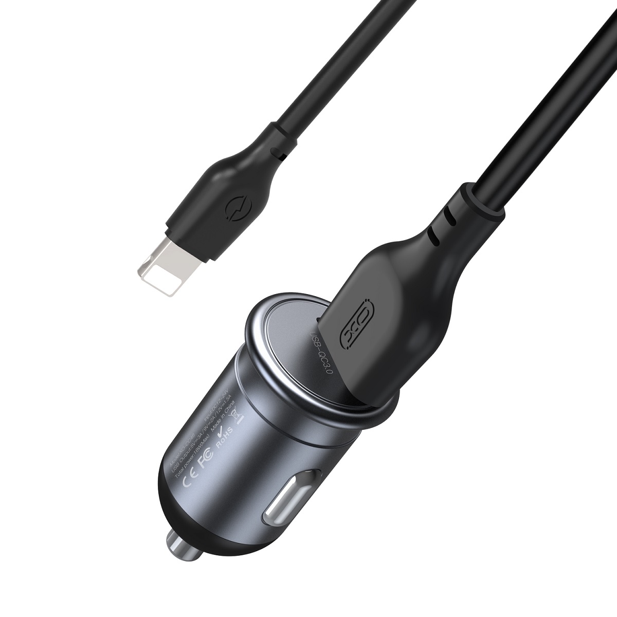 XO adowarka samochodowa CC46 QC 3.0 18W 1x USB szara + kabel Lightning / 2
