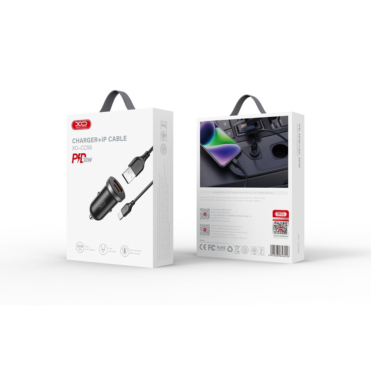 XO �adowarka samochodowa CC56 PD 30W QC 1x USB 1x USB-C czarna + kabel USB - Lightning / 2