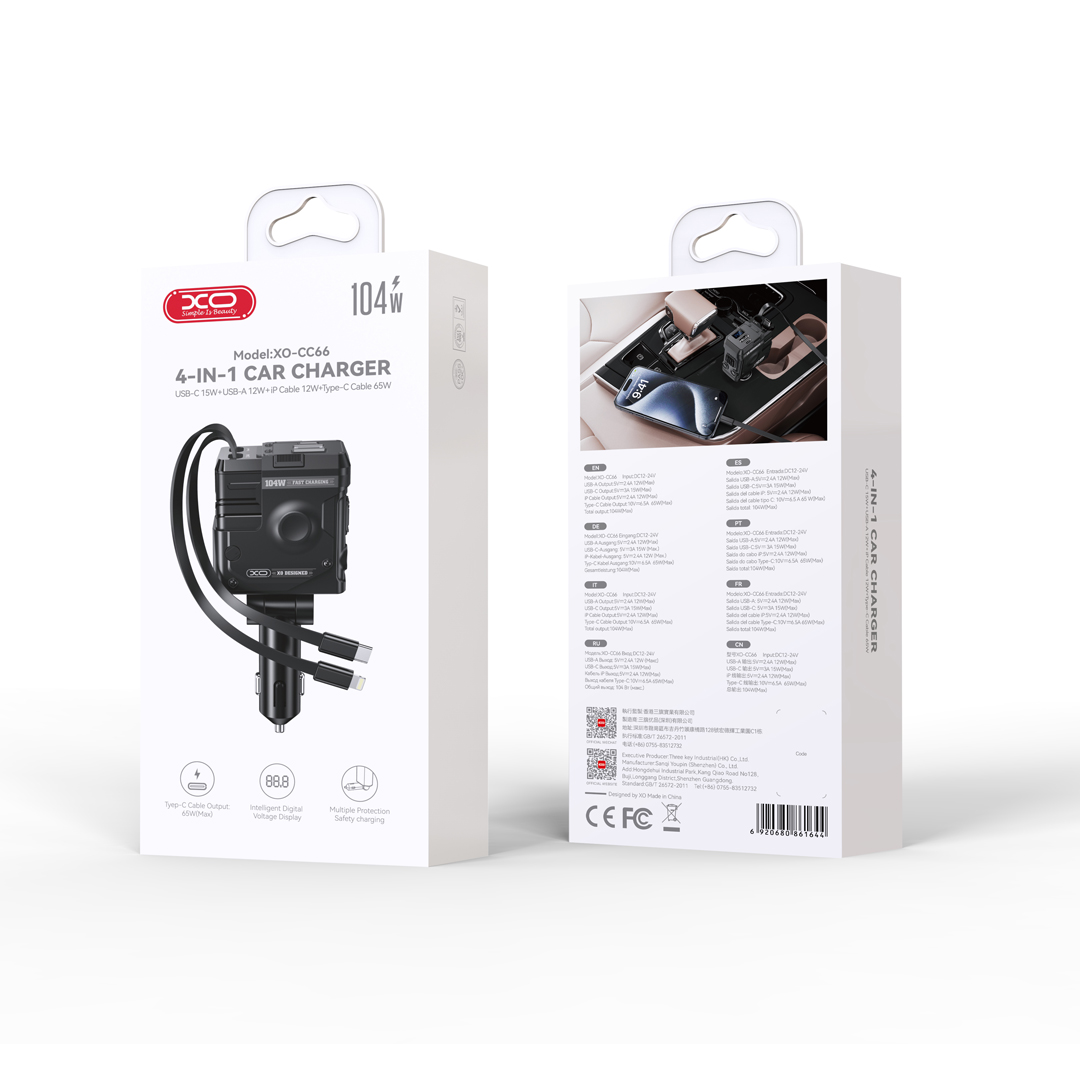 XO �adowarka samochodowa CC66 104W 1x USB 1x USB-C czarna z kablem USB-C i kablem Lightning / 2