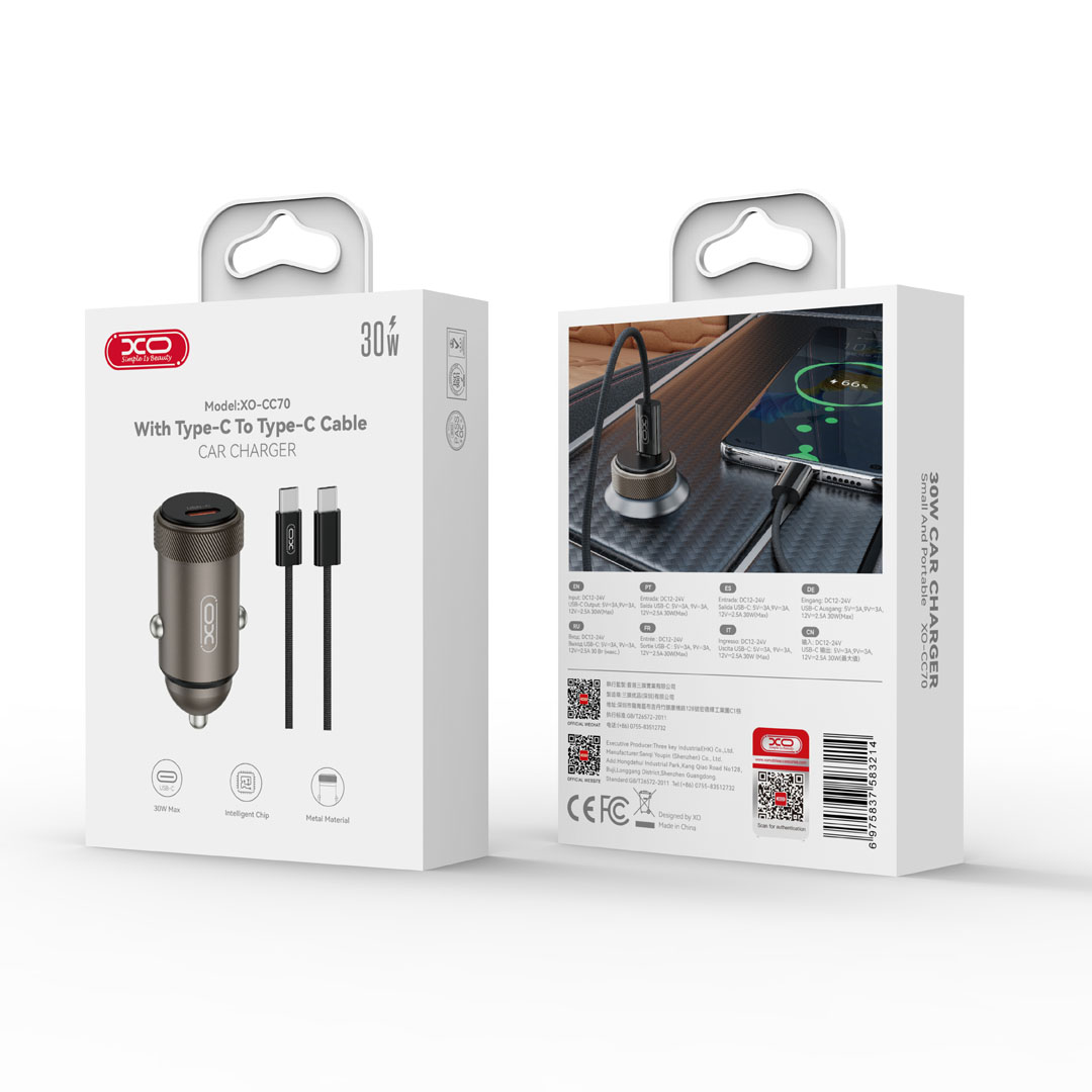 XO �adowarka samochodowa CC70 PD 30W 1x USB-C czarna + kabel USB-C - USB-C / 2