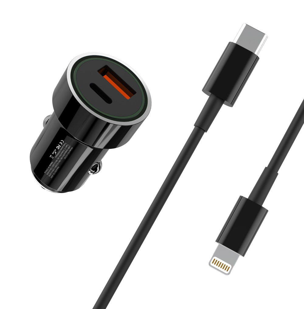 XO �adowarka samochodowa TZ11 2USB PD USB-C/ USB-A czarna z kablem USB-C - Lightning / 2