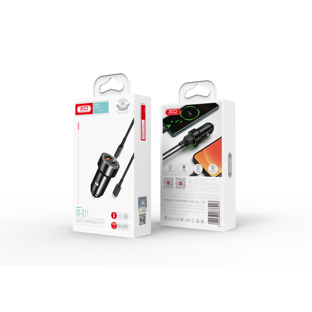 XO �adowarka samochodowa TZ11 2USB PD USB-C/ USB-A czarna z kablem USB-C - Lightning / 3