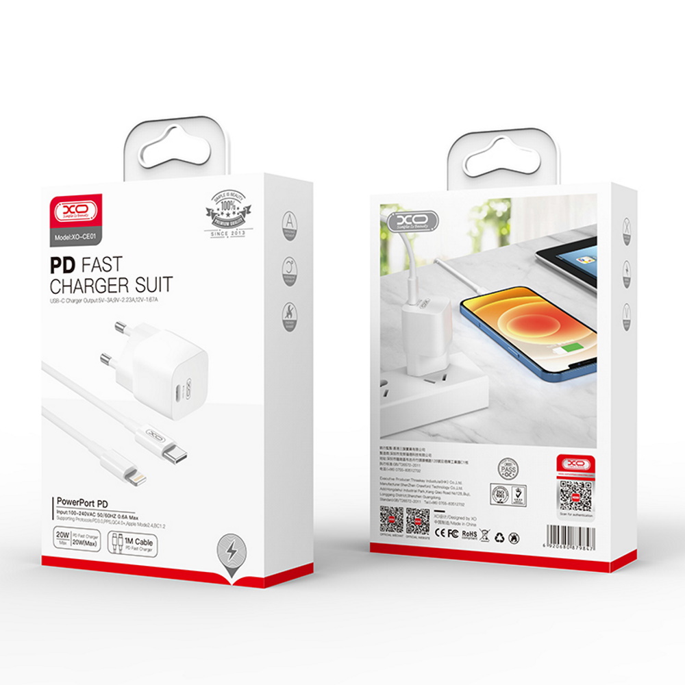 XO �adowarka sieciowa CE01B PD 20W 1x USB-C bia�a + kabel USB-C - Lightning / 2
