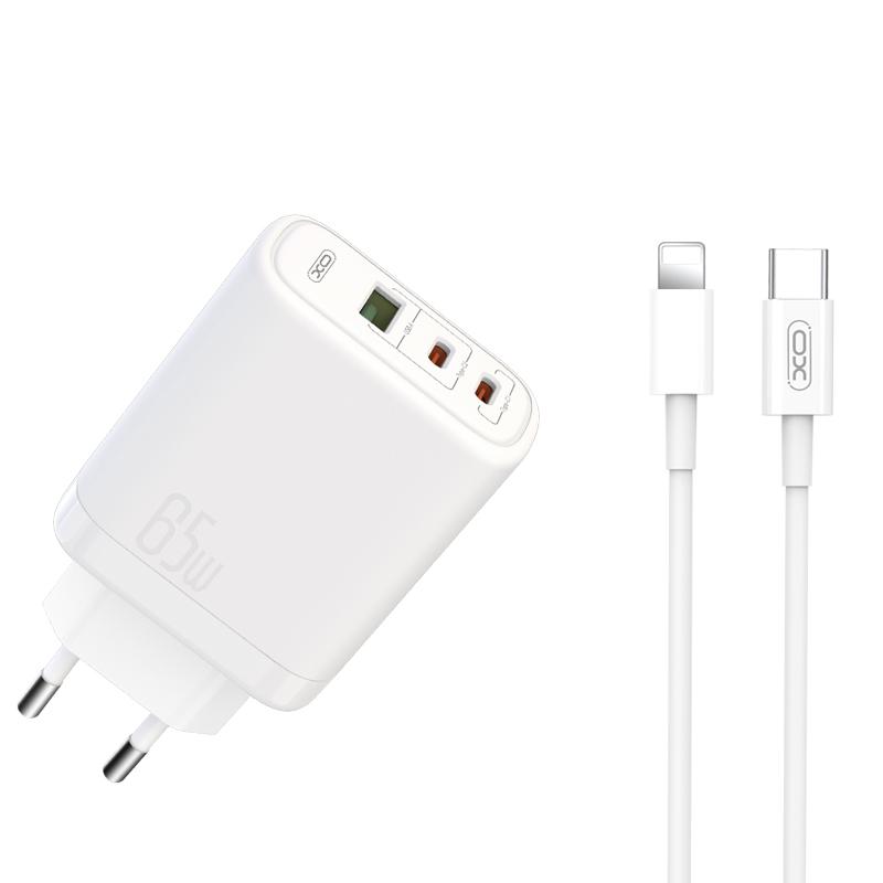 XO �adowarka sieciowa CE04 PD 65W QC 4 45W 1x USB 2x USB-C bia�a + kabel USB-C - Lightning