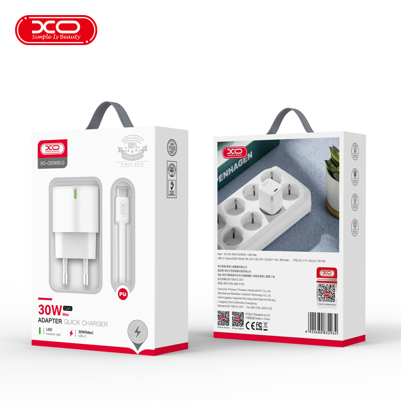 XO adowarka sieciowa CE06 PD 30W 1x USB-C biaa + kabel USB-C - Lightning / 2